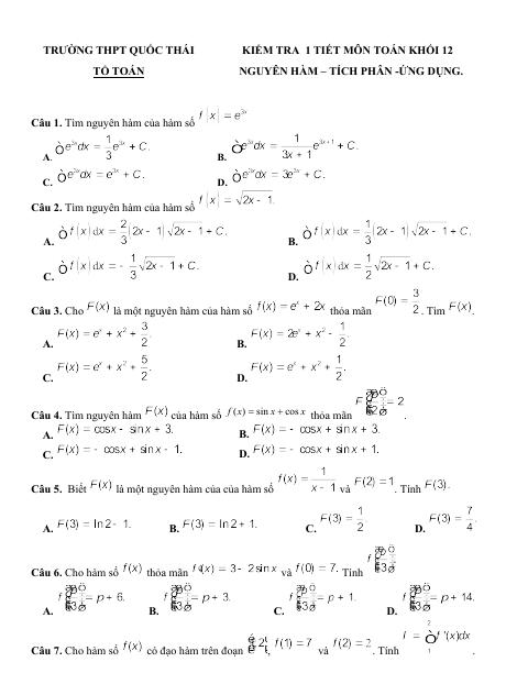 Đề kiểm tra 1 tiết Giải tích 12 chương 3 trường THPT Quốc Thái – An Giang (bản Word)